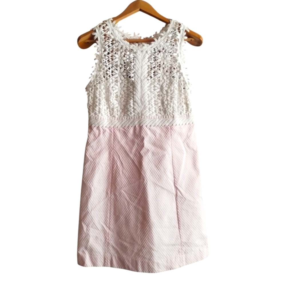 Lilly Pulitzer White Crochet Top Pink Seersucker Skirt Dress